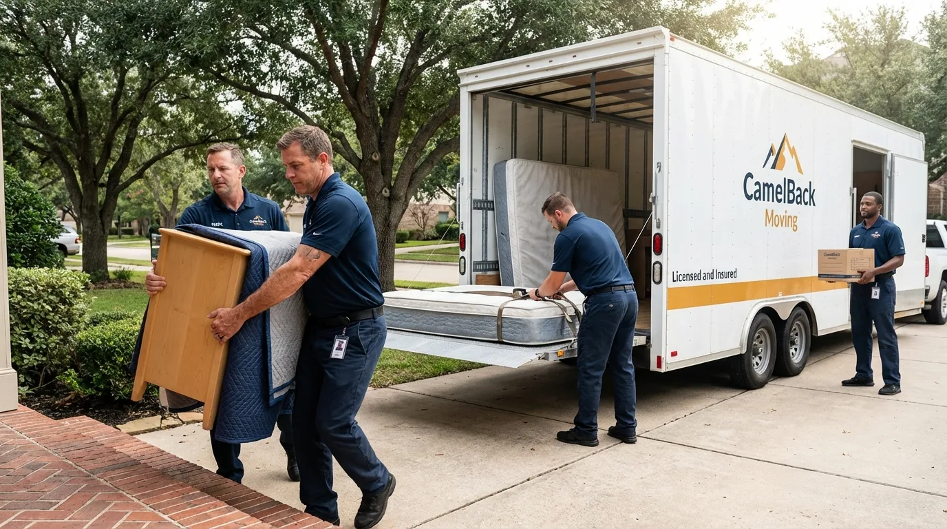 Crew loading residential truck for cross-state move from Austin, MN