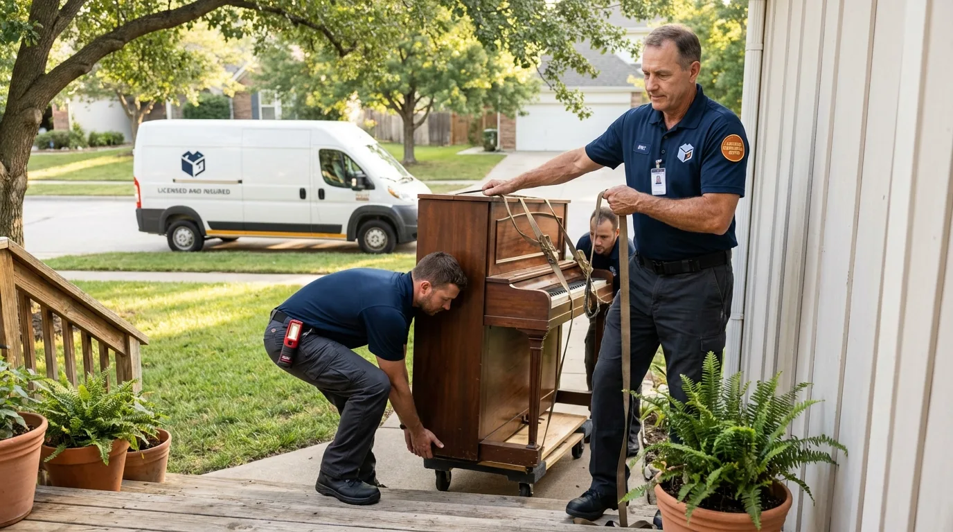 Licensed piano movers securing grand piano in Austin, MN