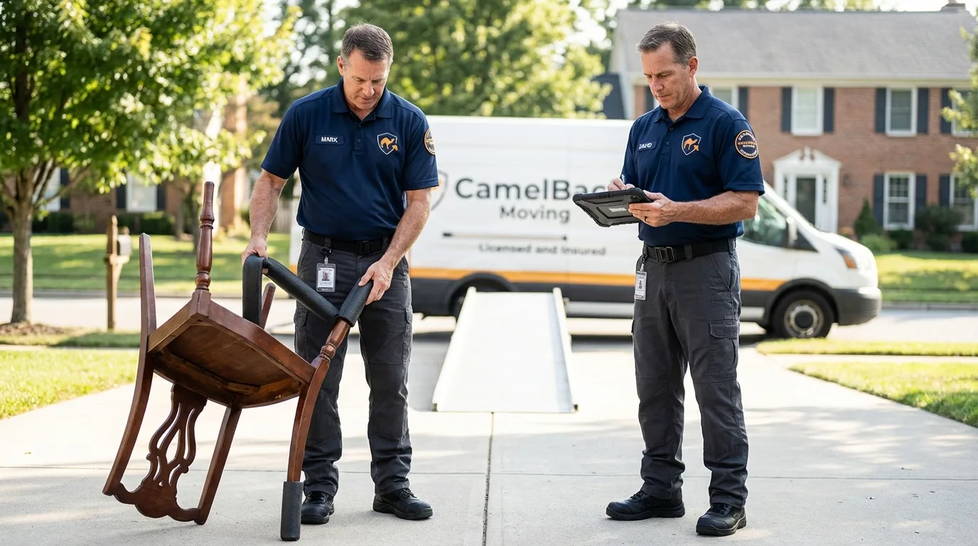 Movers inspecting furniture for damage prevention before loading in Austin, MN
