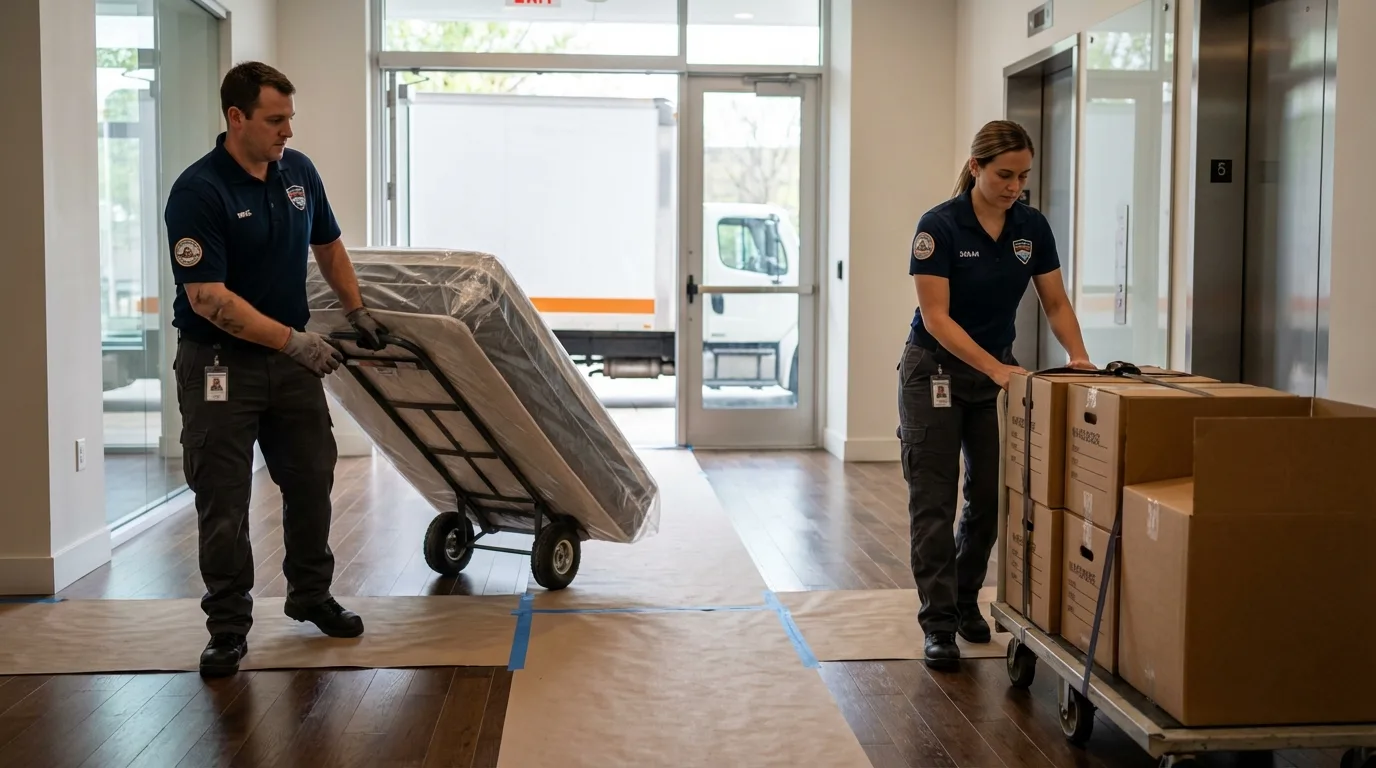 Professional apartment movers loading elevator in Austin, MN